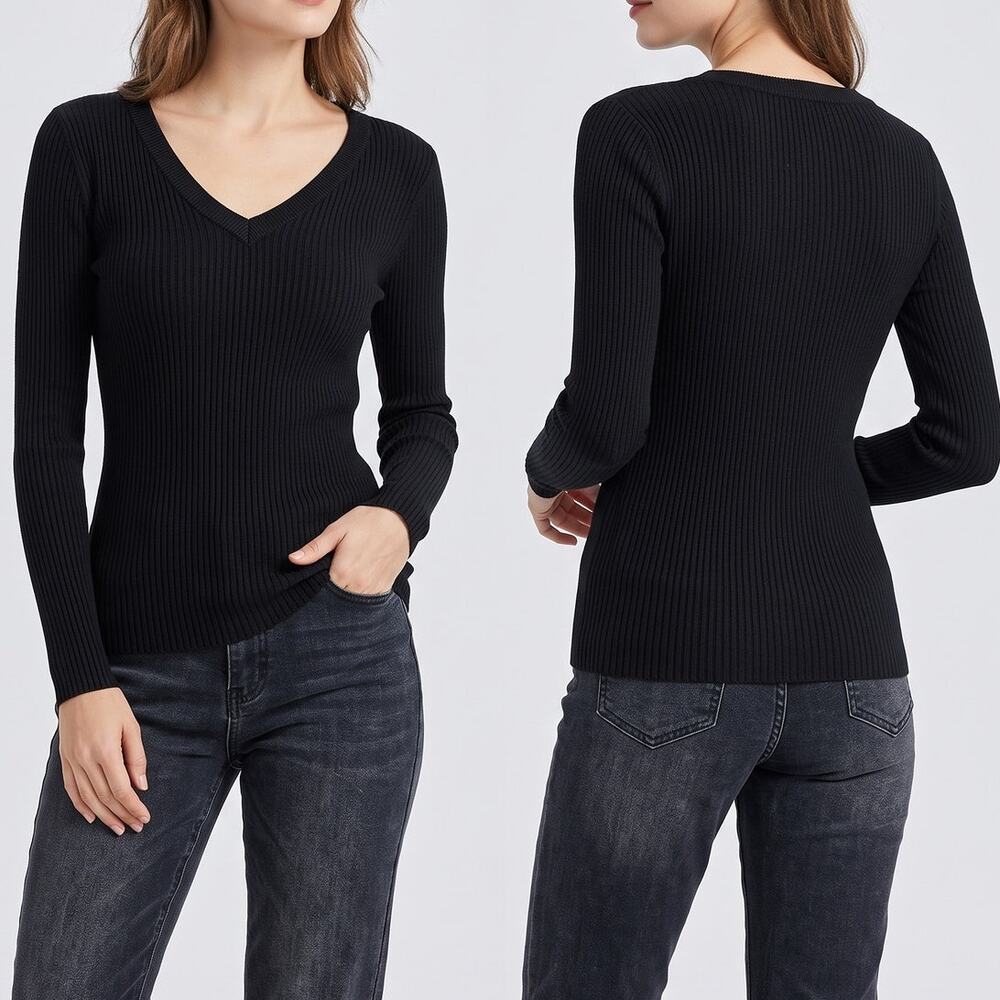 John + Jenn Womens Medium Black Long Sleeve V Neck Sweater 100% Spun Rayon